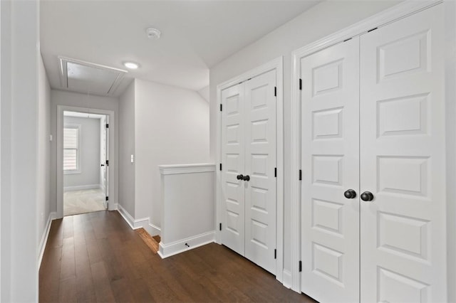 2140 Autumn Ridge Way, Auburn, AL 36879 - hallway featuring attic access, baseboards, and dark wood finished floors