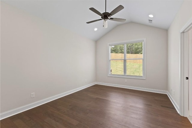 2140 Autumn Ridge Way, Auburn, AL 36879 - spare room with a ceiling fan, dark wood-style flooring, lofted ceiling, baseboards, and recessed lighting