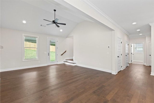 2140 Autumn Ridge Way, Auburn, AL 36879 - unfurnished living room with ceiling fan, dark wood-style flooring, vaulted ceiling, stairs, and baseboards