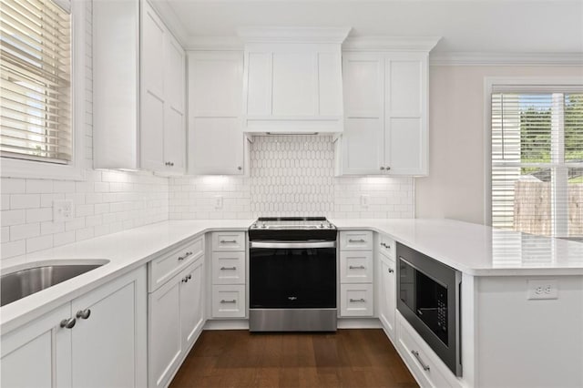2140 Autumn Ridge Way, Auburn, AL 36879 - kitchen with stainless steel appliances, a peninsula, light countertops, white cabinetry, and dark wood-type flooring