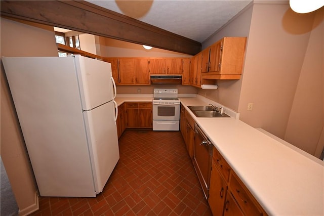 kitchen featuring sink, white appliances, exhaust hood, and beamed ceiling