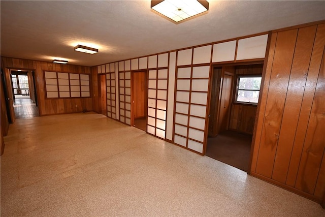 basement with a textured ceiling and wood walls