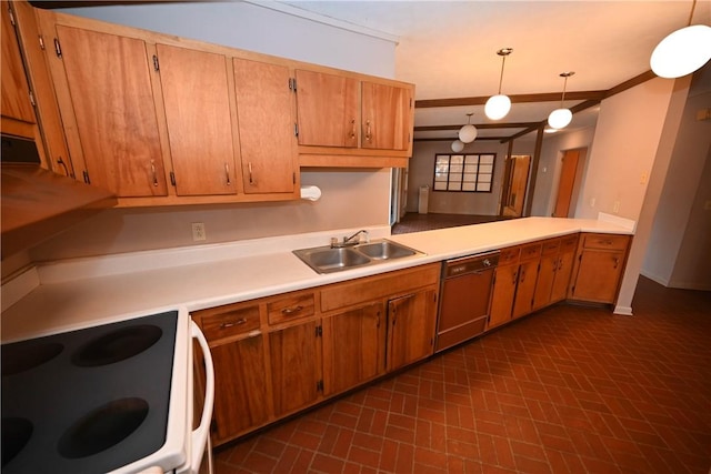 kitchen featuring white range with electric cooktop, pendant lighting, dishwasher, sink, and kitchen peninsula