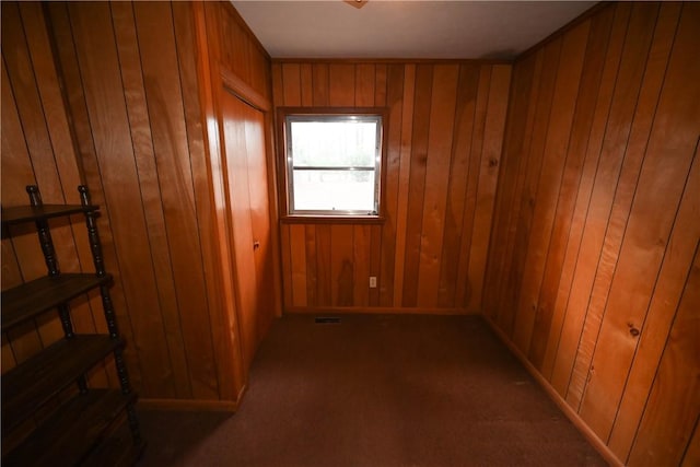 interior space with dark carpet and wood walls