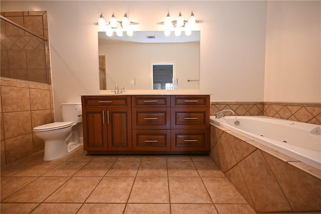 1758 Brookeview Ct, Auburn, AL 36830 - bathroom featuring double vanity, a tub with jets, toilet, tiled shower, and tile patterned floors
