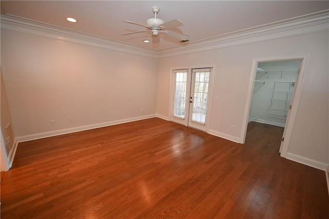 1758 Brookeview Ct, Auburn, AL 36830 - empty room with french doors, crown molding, ceiling fan, wood finished floors, and baseboards