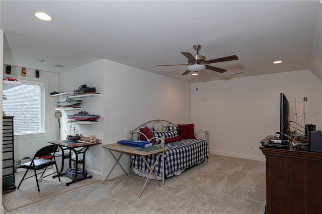 bedroom with light carpet, ceiling fan, and lofted ceiling