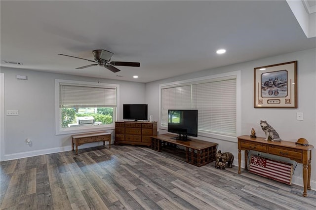 living room featuring ceiling fan and wood-type flooring