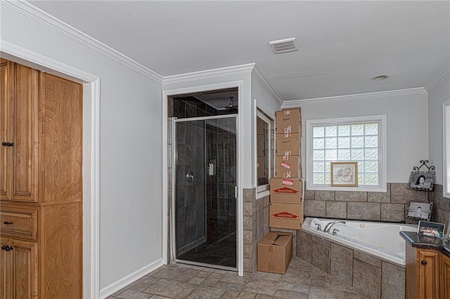 bathroom with plus walk in shower and crown molding