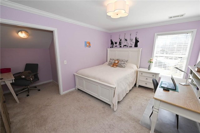 1798 Brookhaven Ct, Auburn, AL 36830 - bedroom featuring crown molding, light colored carpet, baseboards, and visible vents