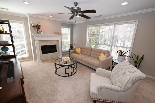 1798 Brookhaven Ct, Auburn, AL 36830 - carpeted living room with visible vents, baseboards, a ceiling fan, and a brick fireplace