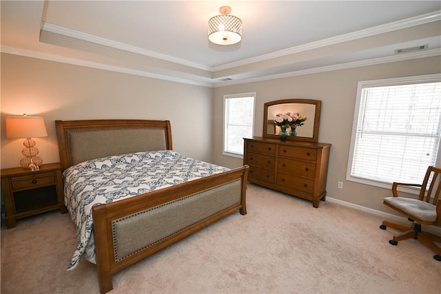 1798 Brookhaven Ct, Auburn, AL 36830 - carpeted bedroom featuring a tray ceiling, ornamental molding, multiple windows, and visible vents