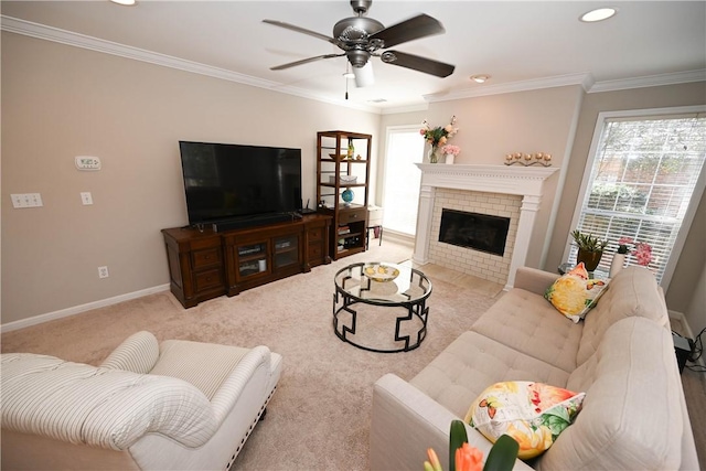 1798 Brookhaven Ct, Auburn, AL 36830 - carpeted living area featuring baseboards, recessed lighting, crown molding, a ceiling fan, and a brick fireplace