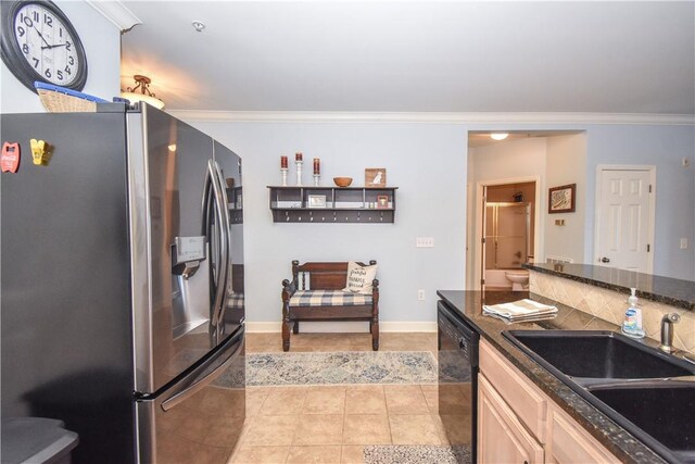 kitchen with stainless steel refrigerator with ice dispenser, black dishwasher, ornamental molding, and sink