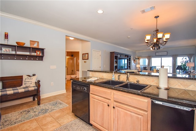 kitchen with dishwasher, an inviting chandelier, ornamental molding, and sink