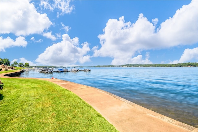 dock area with a water view and a yard