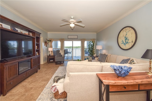 living room featuring ceiling fan and ornamental molding