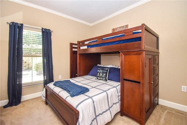 bedroom featuring crown molding and light colored carpet