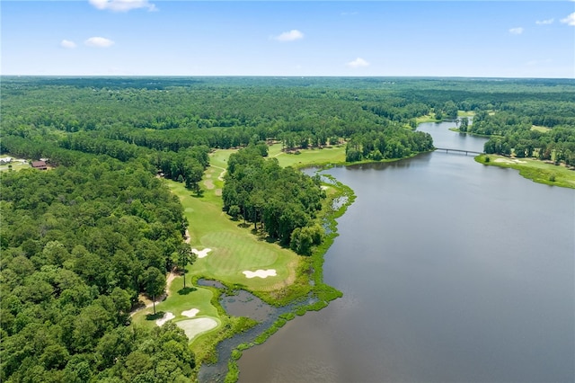 birds eye view of property with a water view and a wooded view