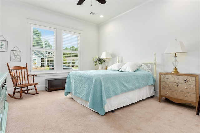 bedroom featuring visible vents, crown molding, baseboards, carpet flooring, and recessed lighting