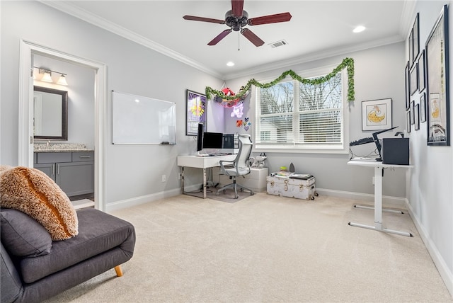 office space featuring visible vents, baseboards, carpet flooring, and crown molding