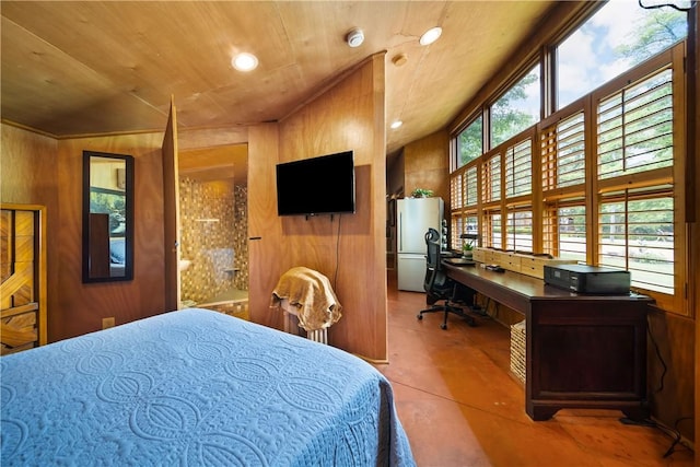 bedroom with recessed lighting, wood walls, wooden ceiling, freestanding refrigerator, and concrete floors