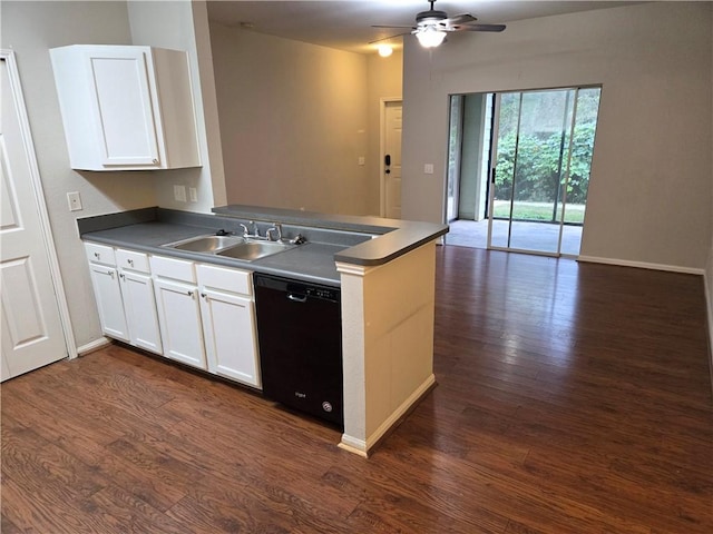 kitchen featuring black dishwasher, white cabinetry, ceiling fan, and sink