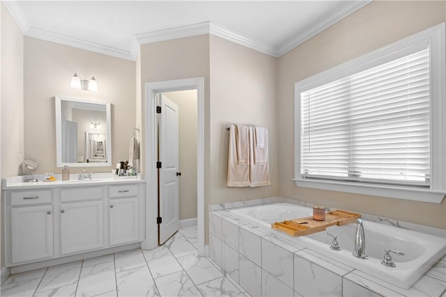 1195 Southridge Ct, Auburn, AL 36830 - full bath featuring vanity, marble finish flooring, a bath, and crown molding