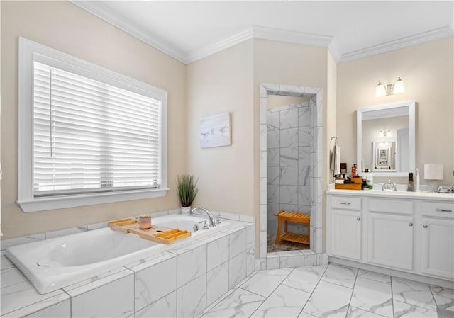 1195 Southridge Ct, Auburn, AL 36830 - bathroom featuring vanity, a bath, tiled shower, marble finish flooring, and ornamental molding