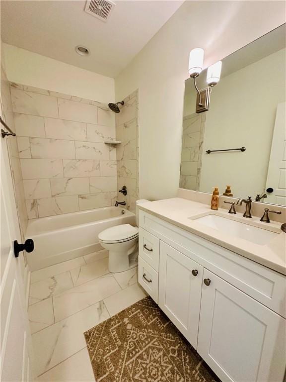 bathroom with toilet, visible vents, marble finish floor, vanity, and shower / bathtub combination