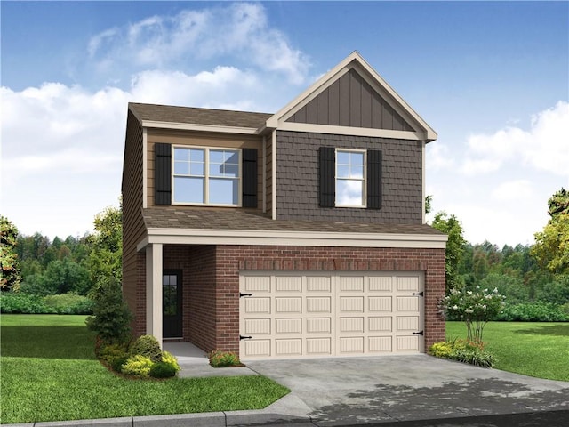 view of front of property featuring a front lawn and a garage