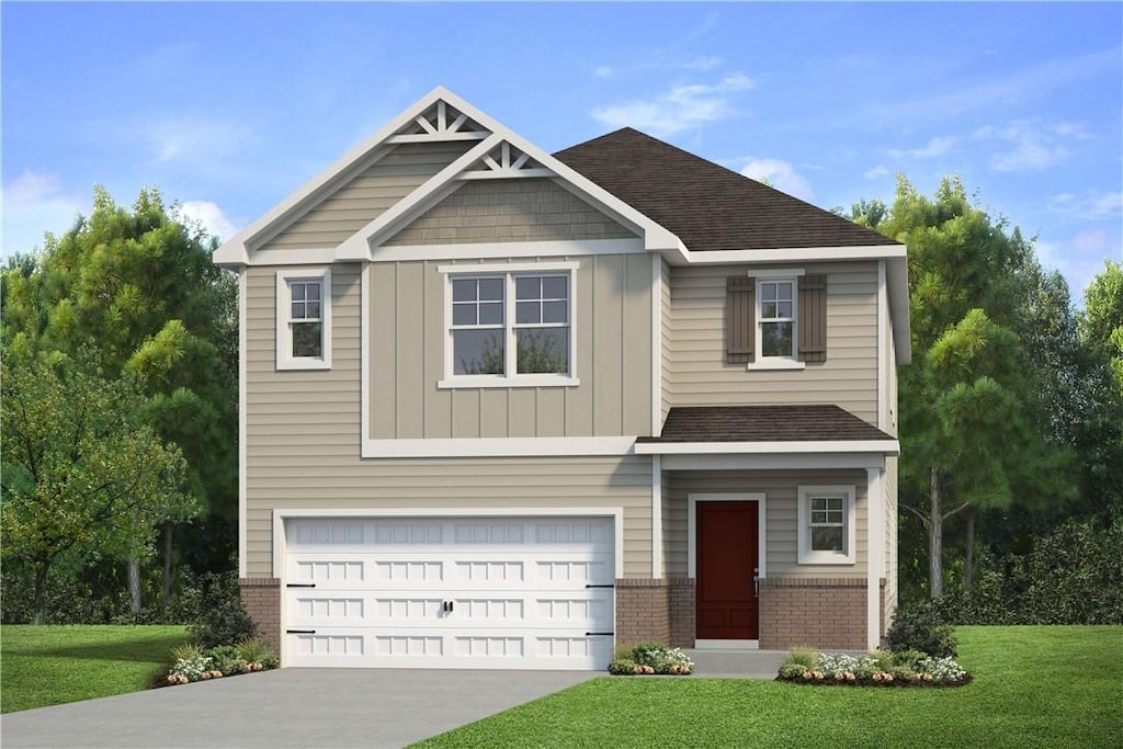 craftsman inspired home with an attached garage, board and batten siding, concrete driveway, brick siding, and a front lawn