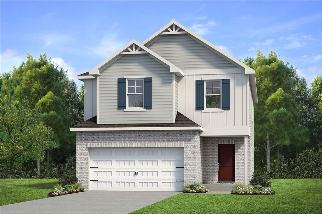 view of front facade featuring an attached garage, brick siding, board and batten siding, and concrete driveway