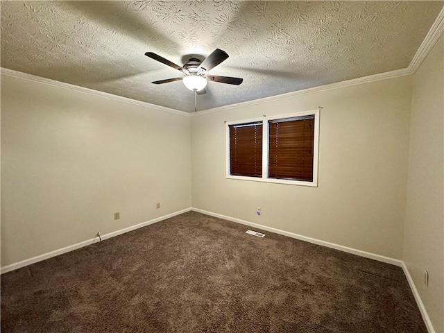 unfurnished room featuring ceiling fan, baseboards, visible vents, dark carpet, and a textured ceiling