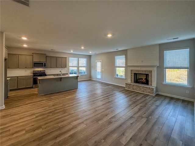 kitchen featuring wood-type flooring, stainless steel appliances, a fireplace, an island with sink, and sink