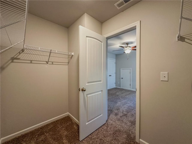 spacious closet featuring ceiling fan and dark colored carpet