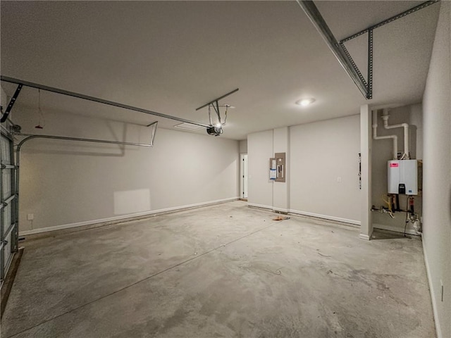 garage with tankless water heater, a garage door opener, and electric panel