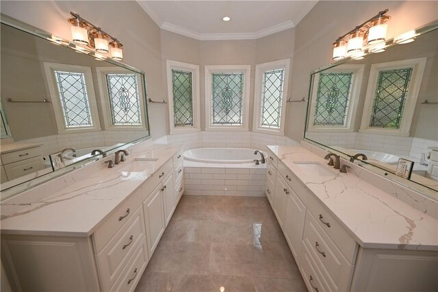 1618 Olivia Way, Auburn, AL 36830 - full bathroom featuring a bath, vanity, crown molding, and healthy amount of natural light