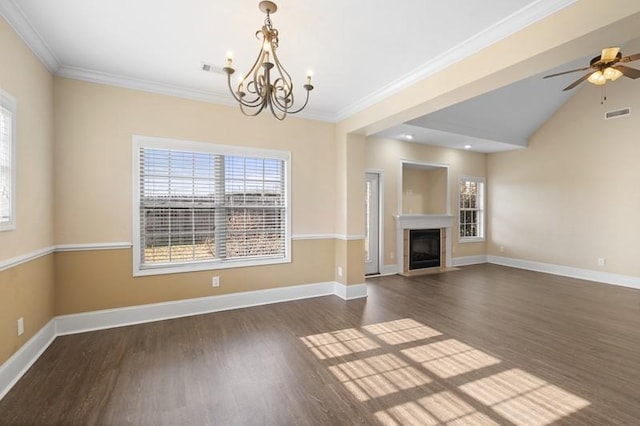 unfurnished living room featuring lofted ceiling, ornamental molding, and dark hardwood / wood-style floors