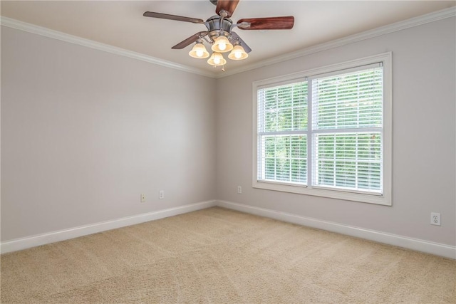 carpeted empty room with ceiling fan and ornamental molding