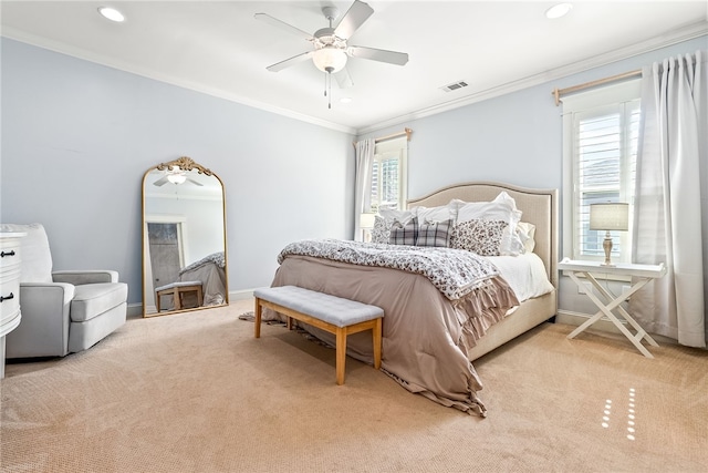 3515 Double Eagle Ln, Opelika, AL 36801 - bedroom with carpet flooring, crown molding, recessed lighting, a ceiling fan, and baseboards