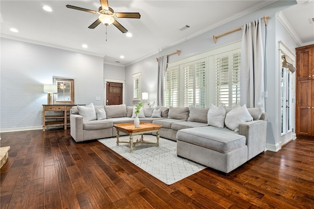 3515 Double Eagle Ln, Opelika, AL 36801 - living area with dark wood-style floors, a ceiling fan, crown molding, baseboards, and recessed lighting
