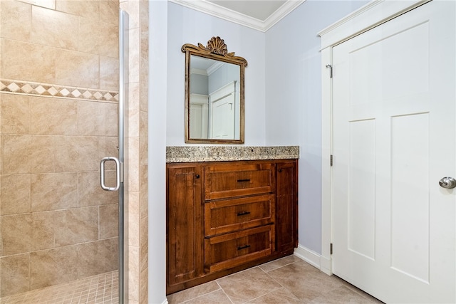 3515 Double Eagle Ln, Opelika, AL 36801 - full bath featuring crown molding, a shower stall, vanity, tile patterned floors, and baseboards