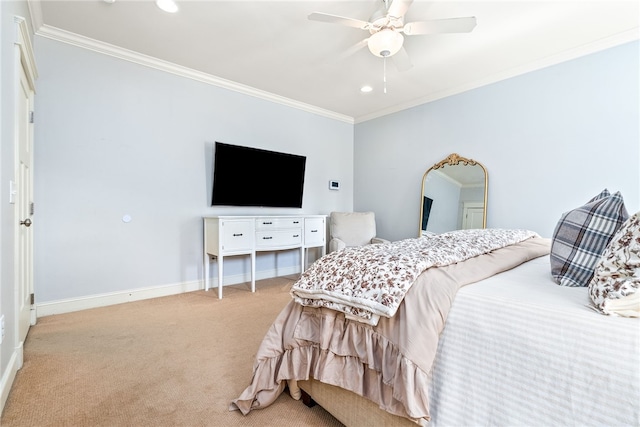 3515 Double Eagle Ln, Opelika, AL 36801 - bedroom with ornamental molding, light colored carpet, recessed lighting, baseboards, and ceiling fan