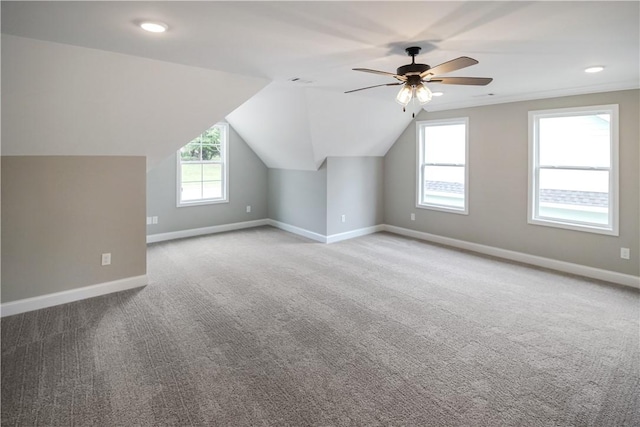 369 Lightness Dr, Auburn, AL 36832 - additional living space featuring ceiling fan, baseboards, carpet, and vaulted ceiling