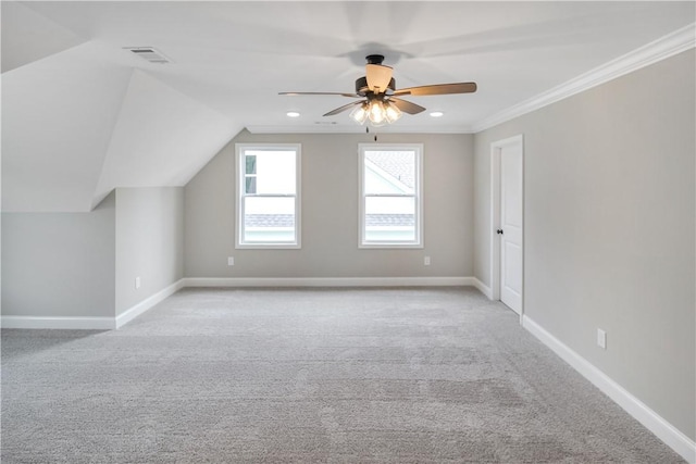 369 Lightness Dr, Auburn, AL 36832 - bonus room with light carpet, ceiling fan, baseboards, recessed lighting, and lofted ceiling