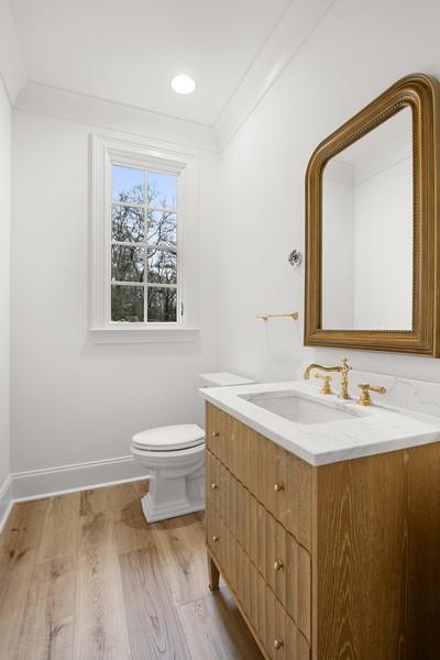 bathroom with toilet, wood-type flooring, vanity, and ornamental molding