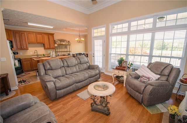 living room with a healthy amount of sunlight, light wood-type flooring, crown molding, and sink