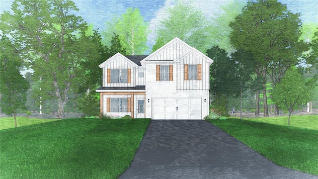 259 Meadowlark Dr, Smiths Station, AL 36877 - view of front facade featuring a front yard, board and batten siding, aphalt driveway, and a garage