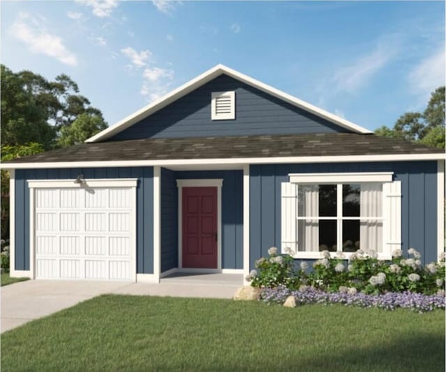 view of front facade featuring concrete driveway, a front lawn, and board and batten siding